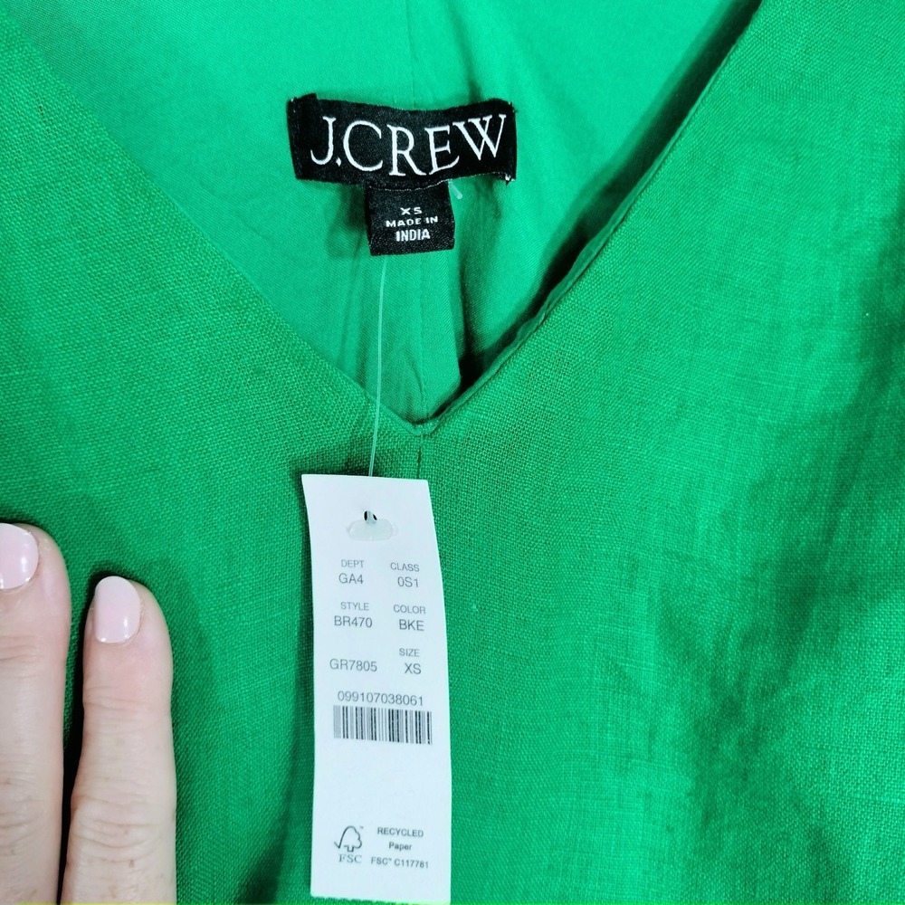 J.Crew Green Linen Shift Dress; V-Neck Sleeveless Pockets NWT - Picture 3 of 9